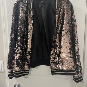 Torrid Black and Gold Sequin Bomber Jacket
